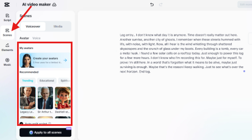 Voiceover avatars in CapCut AI Script to Video generator