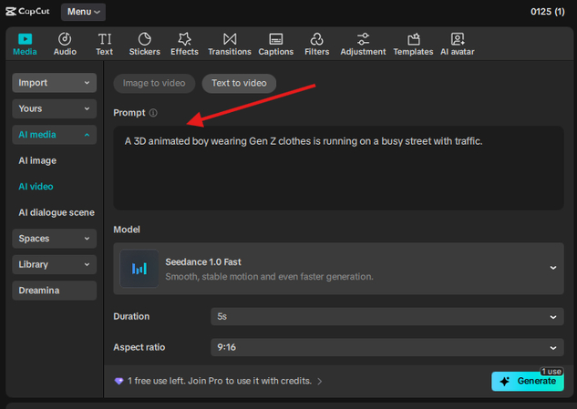 Writing a prompt for the video in CapCut Text to Video AI