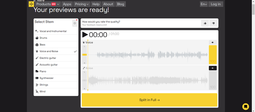 previews showing the noise separated from voice using the tool