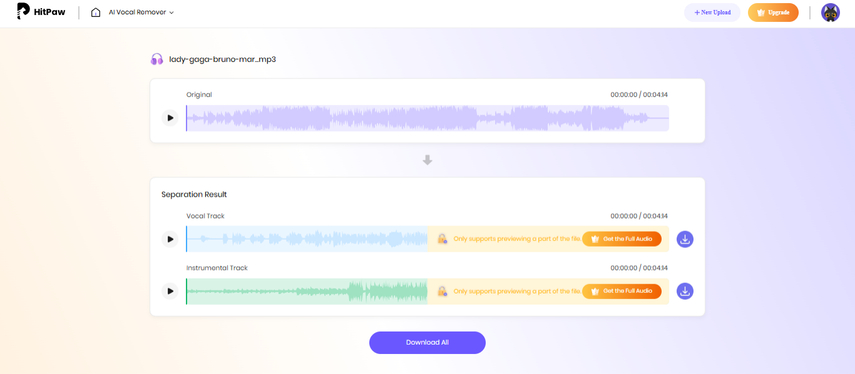 audio separated into vocal track and instrumental track using hitpaw online ai vocal remover
