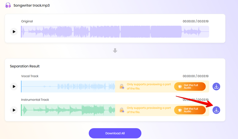 downloading instrumental track using HitPaw Vocal Remover