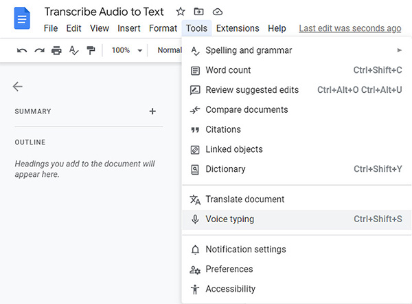 Google Docs 音声入力 音声からテキストへ