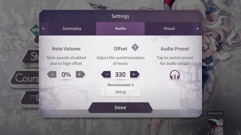 Gameplay, audio, and visual settings in Arcaea