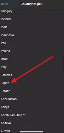 Selecting Japan as the country on iPhone