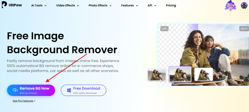 Remove BG Now option in HitPaw Image Background Remover