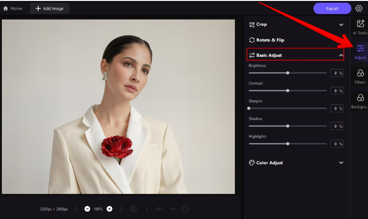 Photo adjustment tools in HitPaw FotorPea