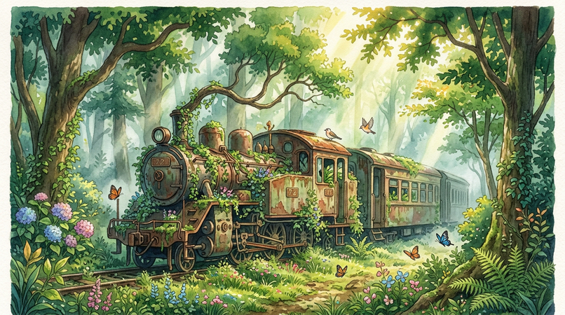 abandoned train ghibli style