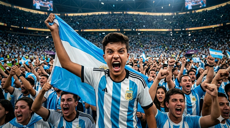excited argentina supporter waving national flag