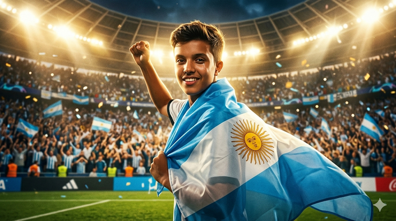 supporter wearing argentina flag as cape