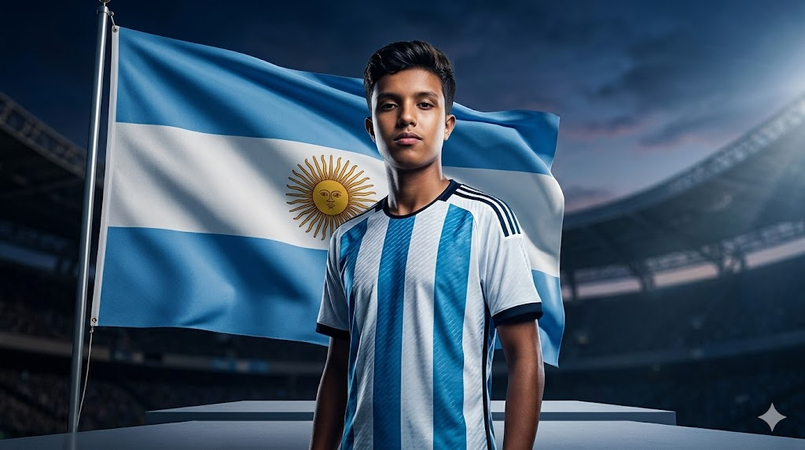 football supporter standing beside giant argentina flag