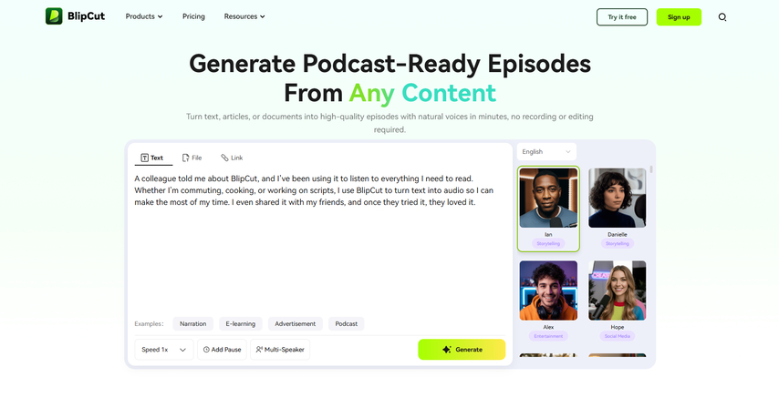 BlipCut AI podcast generator