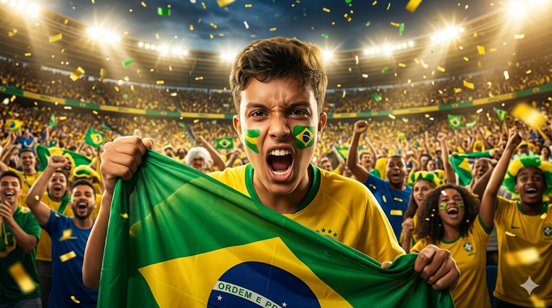 passionate brazil football supporter celebrating