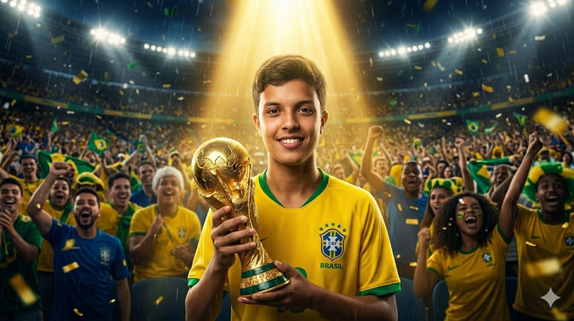 brazil football fan posing with world cup trophy