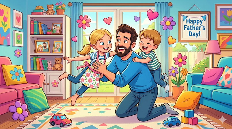 cartoon dad playing with kids