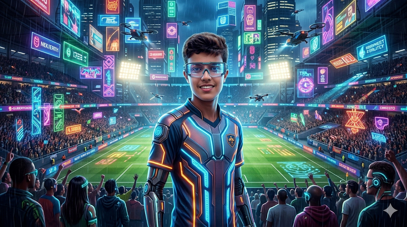 futuristic football supporter with neon stadium lights