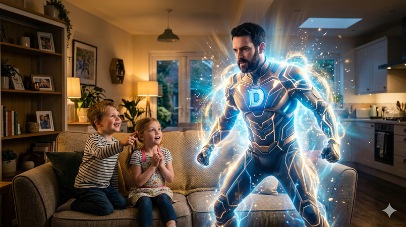 dad transforming into superhero scene