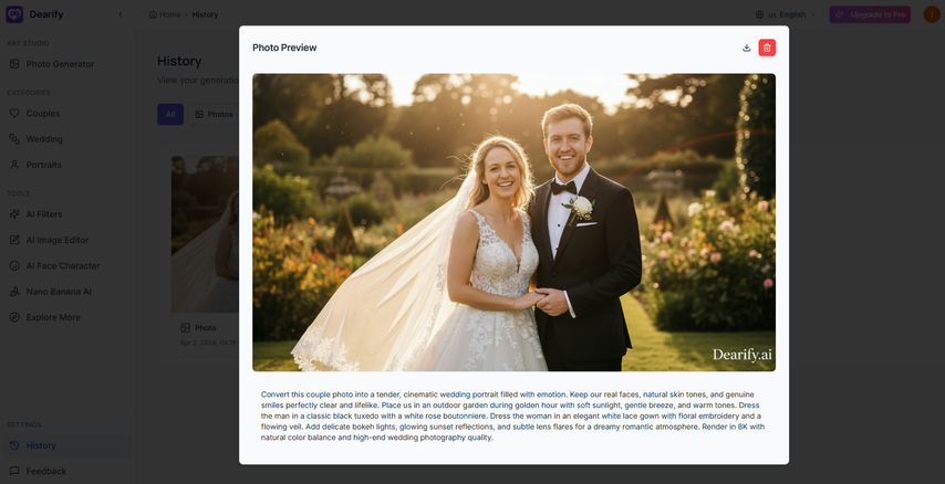 Dearify online wedding photo generator