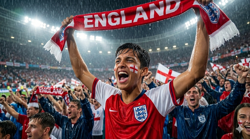england football supporter chanting in rainy stadium