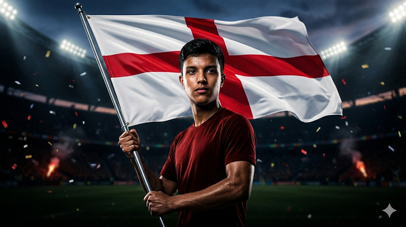 football fan holding england flag in dramatic pose