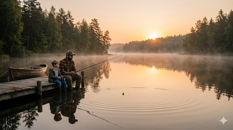father and child fishing by lake