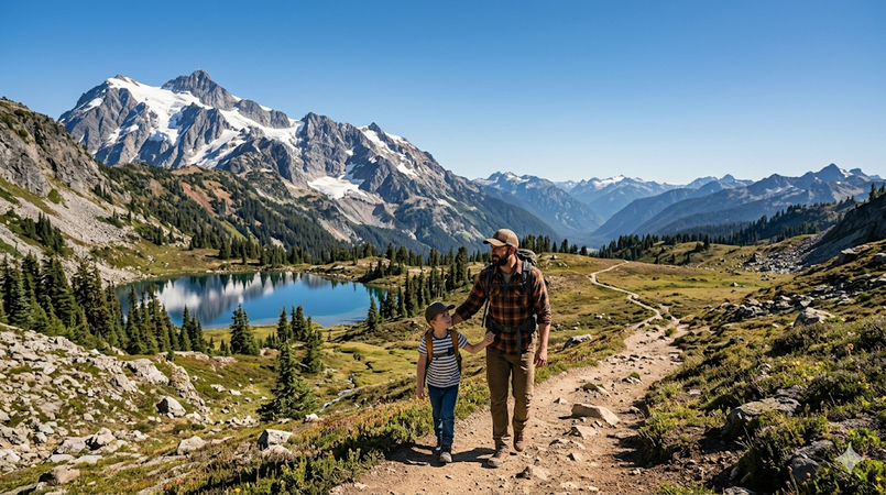 father and child hiking in mountains