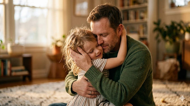 father and child hugging emotional scene