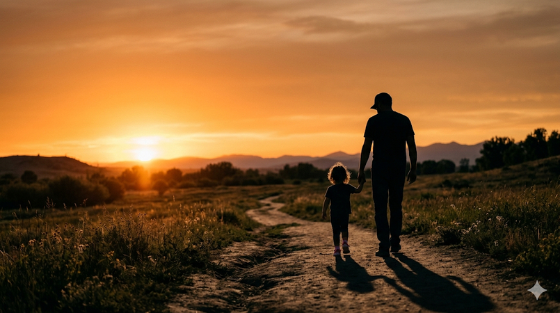 father and child walking silhouette view