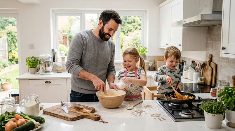 father cooking with kids in kitchen