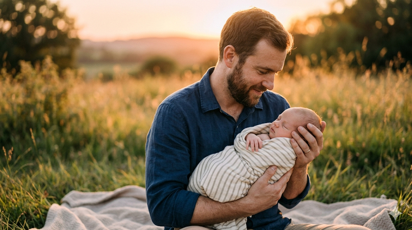 father holding newborn baby at sunset