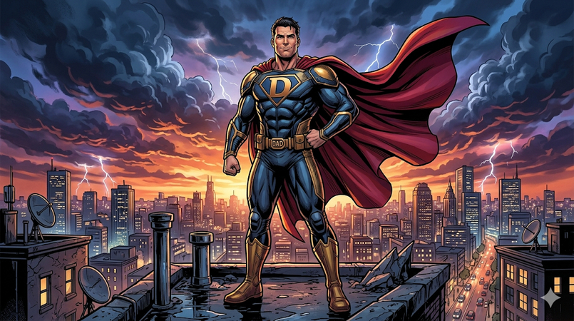 father as superhero standing on rooftop