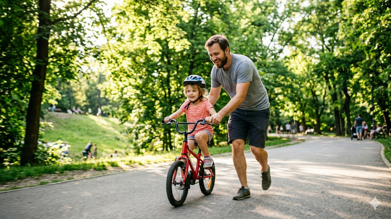 father teaching child to ride bicycle