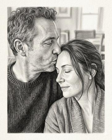 forehead kiss romantic pencil drawing