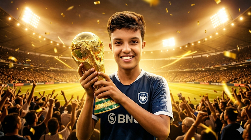 football fan holding world cup trophy
