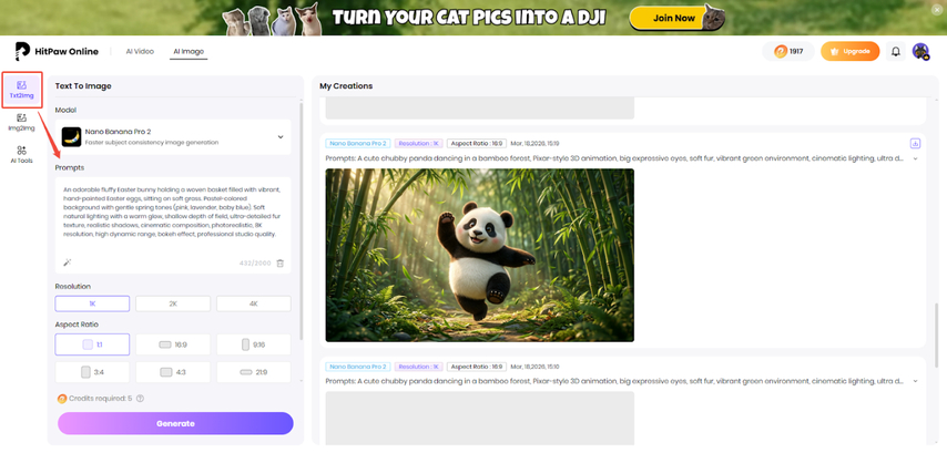access hitpaw ai image generator text to image section