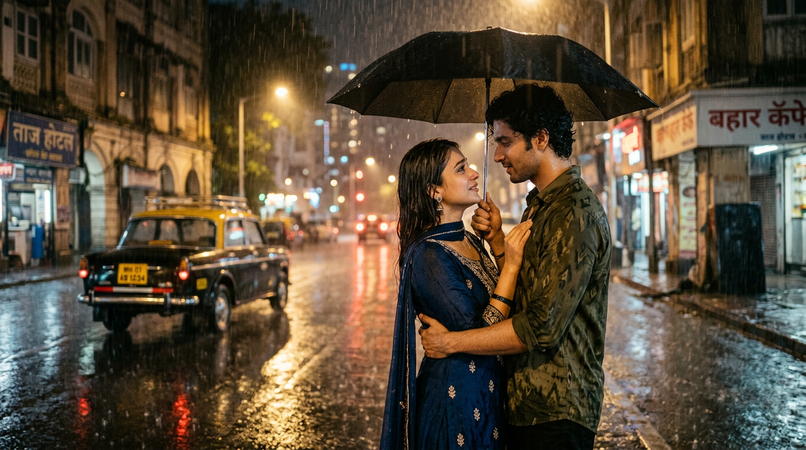 rainy romantic bollywood scene