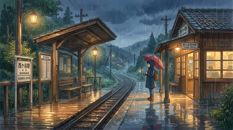 rainy train station