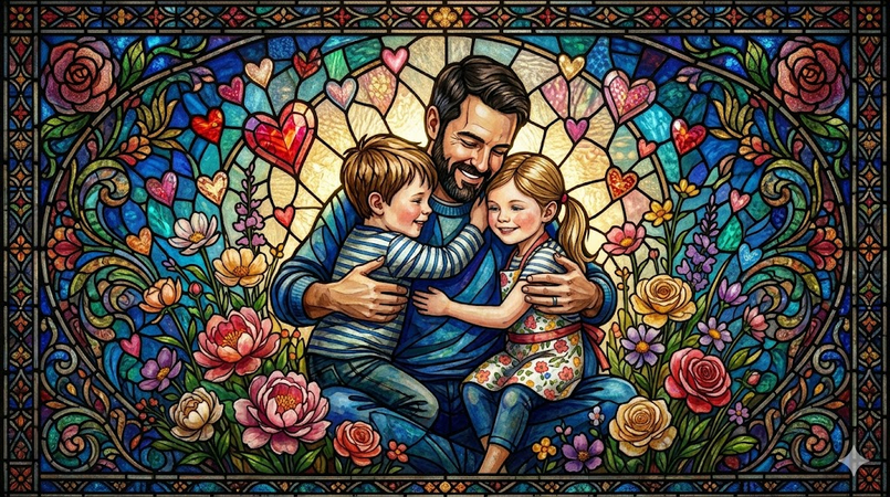 stained glass style father and child