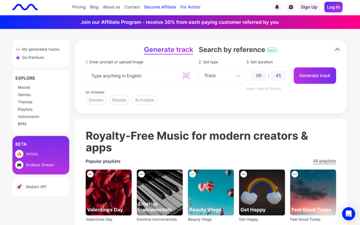 Mubert AI music stream generator