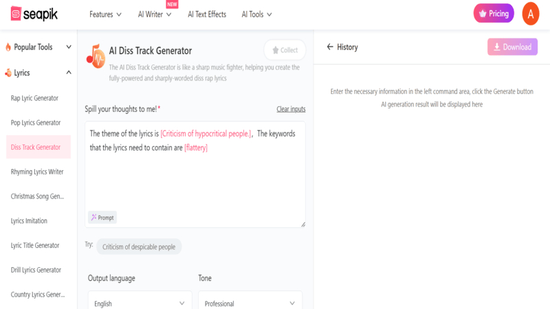 seapik ai diss track lyrics generator