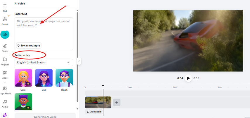 Adding an AI voice to the clip in the Canva AI video generator