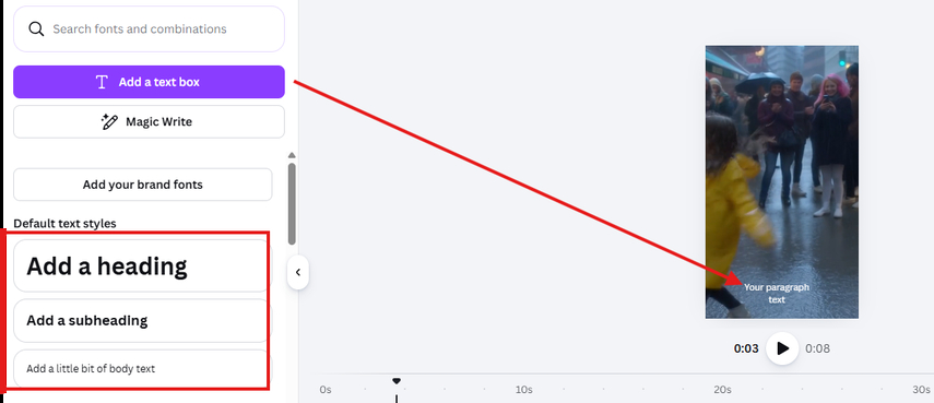 Adding text to the generated video in Canva