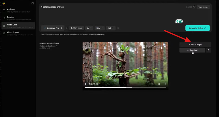 Adding the AI video to the project for editing