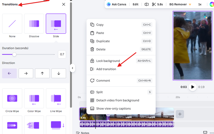 Adding transitions in the Canva AI TikTok video generator
