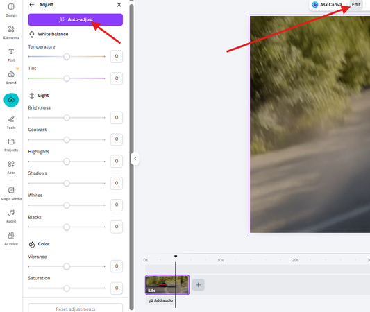 Adjusting the video colors in Canva AI