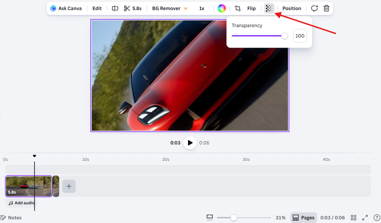 Adjusting video transparency in Canva