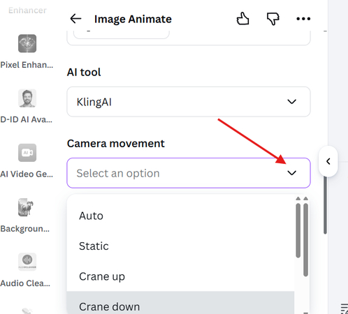 Camera movements in Canva AI Image to Video Animate