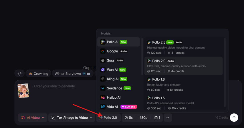Choosing an AI model in Pollo AI video generator