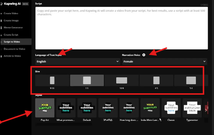 Choosing an aspect ratio for Script to Video in Kapwing