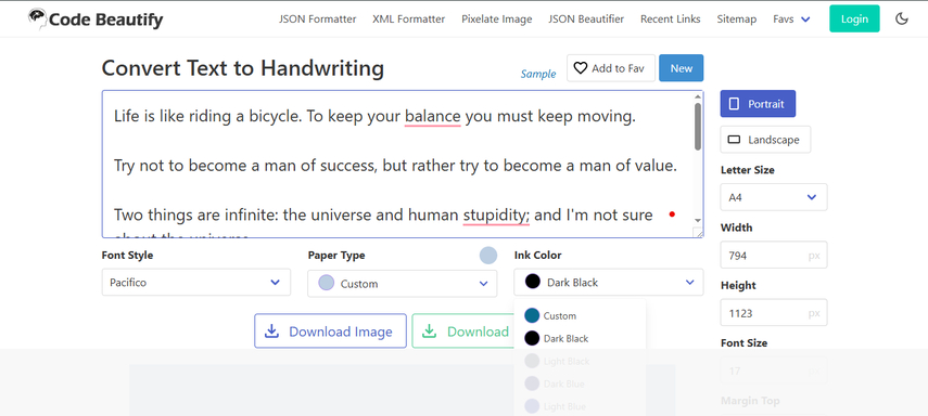 CodeBeautify text to handwriting converter