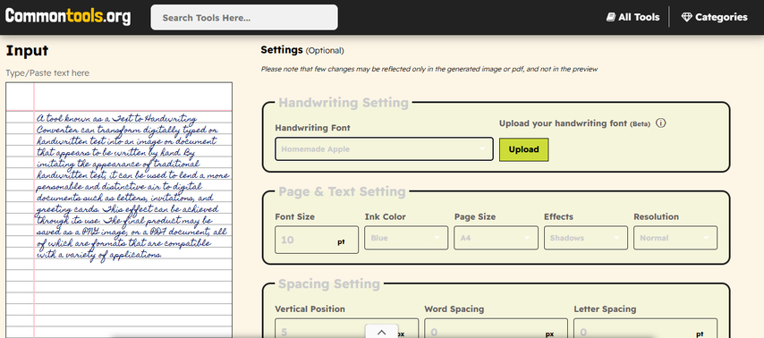 Commontools.org text to handwriting converter